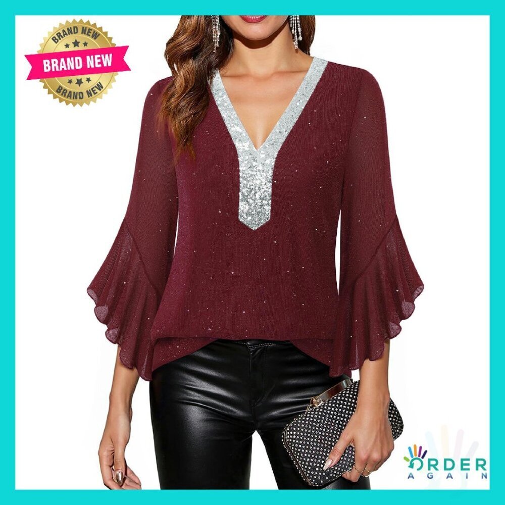 Sequin V-Neck Blouse Elegant 3/4 Ruffle Sleeve Dressy Top Chic Sparkle